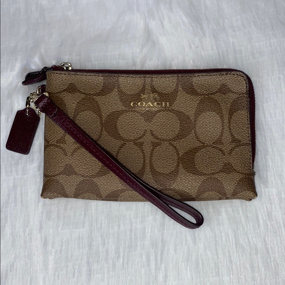 COACH Signature Brown and Burgundy Wristlet